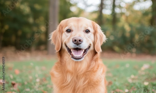 Happy golden retriever enjoying a sunny day in the park with a friendly expre...