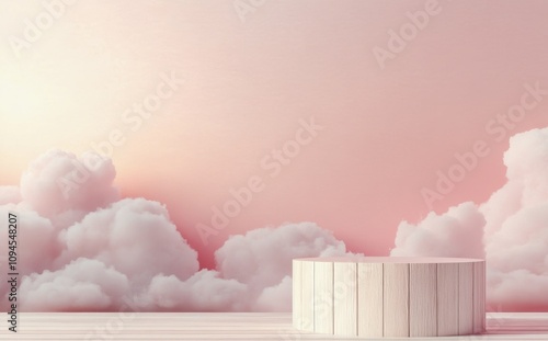 Cloudy sky with a white podium on a wooden surface during daylight hours