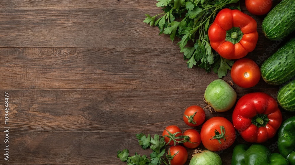 Fresh Organic Vegetables on Wooden Table with Greens Fresh Organic Vegetables on Wooden Table with Greens