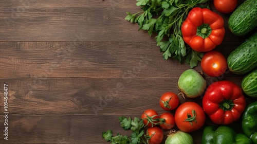 Fresh Organic Vegetables on Wooden Table with Greens