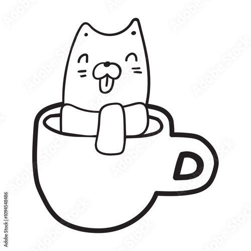 Cat sitting in a big coffee mug. Isolated icon. Outline illustration on white background.