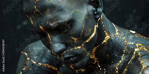 Kintsugi is traditional art of Japan, helps to restore person psychological trauma, golden crack scars close-up.