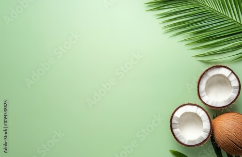 Coconut and tropical leaves arranged on a green background for a fresh and na...