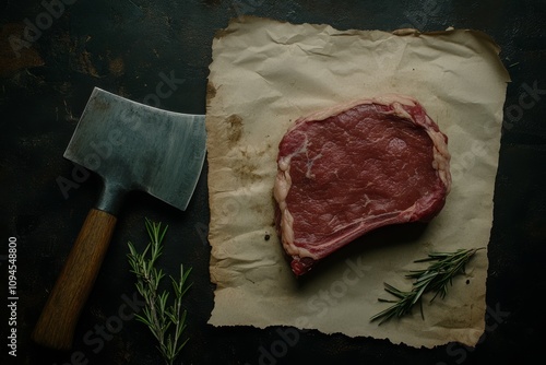Fresh cut ribeye steak with kitchen tools and herbs ready for cooking