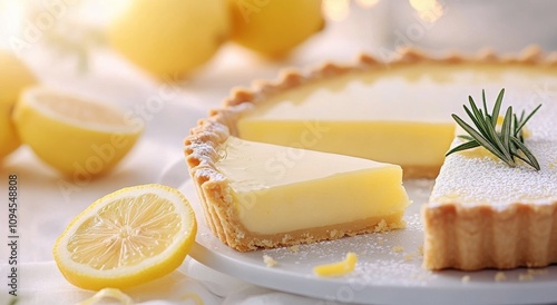 Delicious lemon tart with fresh ingredients and a slice on a white plate