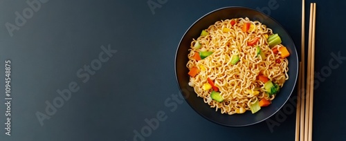 Colorful vegetable noodle bowl topped with sesame seeds and fresh herbs for a...