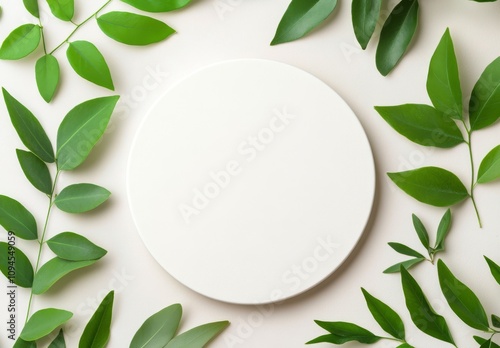 Circular white plate surrounded by vibrant green leaves on a light wooden sur...