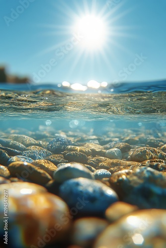 Sunlight dances on pebbles beneath clear water in a tranquil coastal environment