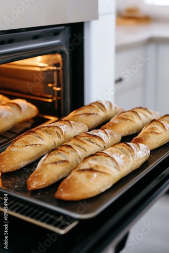 Freshly baked bread loaves rising in the oven at a cozy kitchen in the morning