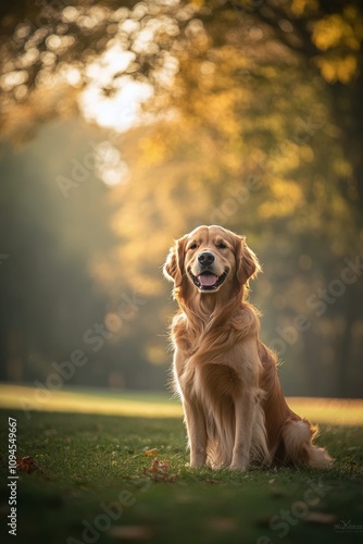 Golden retriever sitting in a sunlit park during autumn