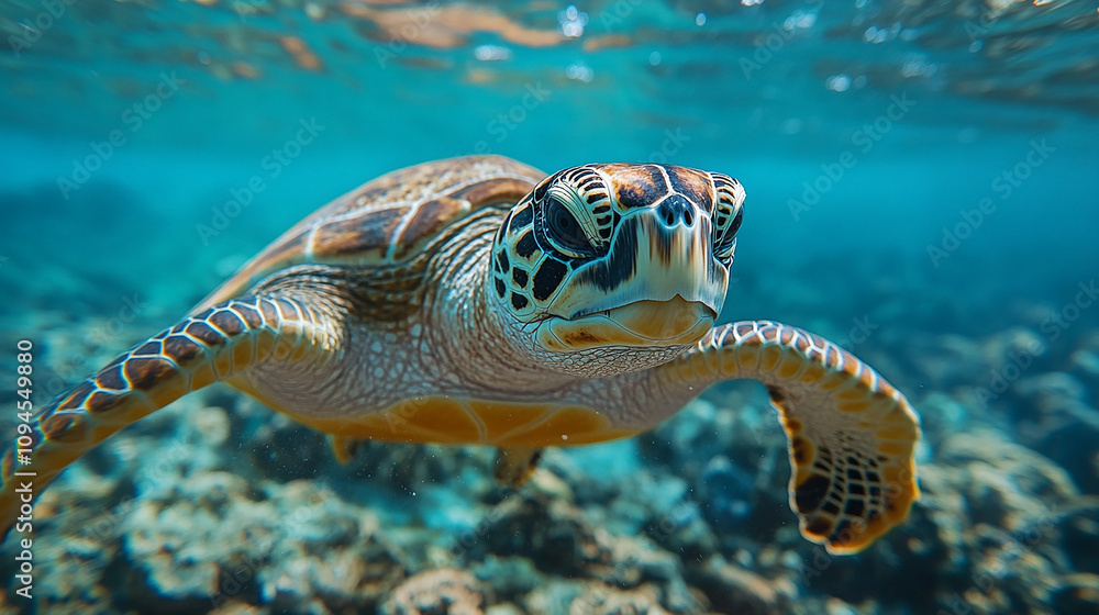 Fototapeta premium A small, colorful turtle with a detailed shell. It's orange, brown, and gray.