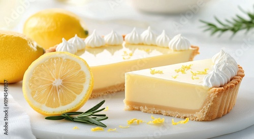 Delicious lemon tart with fresh ingredients and a slice on a white plate