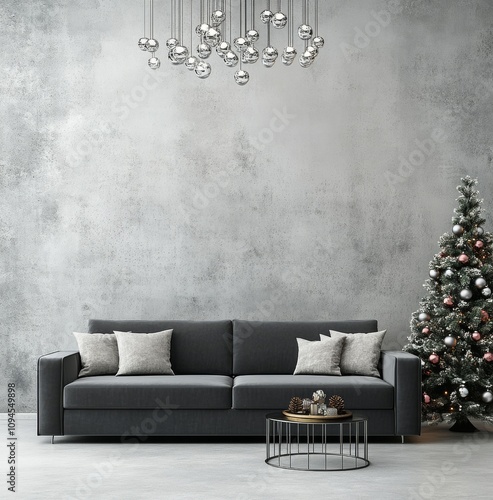 Modern living room decorated for Christmas with a beautiful fir tree and eleg...