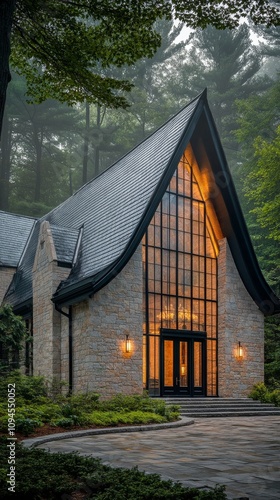 Elegant stone mansion surrounded by fog and autumn trees in a serene location