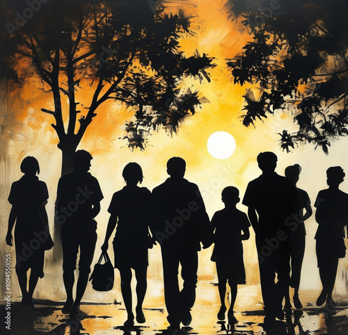 silhouettes of people walking in the park