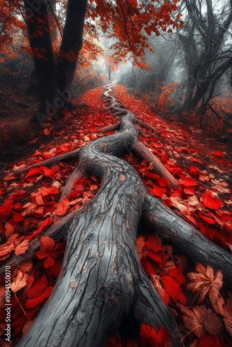 Vibrant red foliage creates a stunning path through the autumn forest in afte...