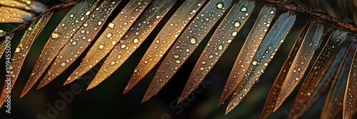 Water droplets glisten on palm fronds in a lush tropical environment during e...