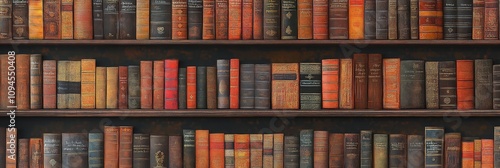 Collection of antique books arranged neatly on wooden shelves in a library se...