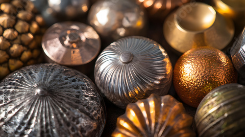 A cluster of metallic ornaments in gold silver and bronze tones. photo