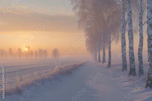 At dawn in a foggy winter forest, a road is lined with frost-covered trees.