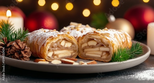 Delicious traditional pastry with nuts and fruit served on a festive table du...