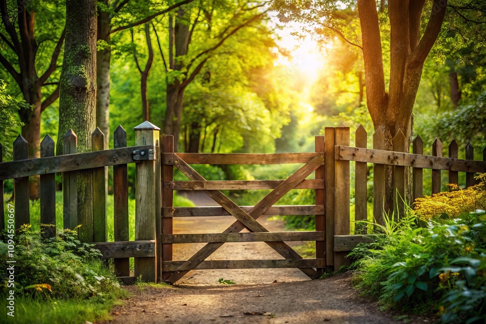 Rustic Entrance Gate Made of Weathered Boards Surrounded by Lush Greenery, Inviting Pathway Leading to a Charming Outdoor Space, Perfect for Welcoming Guests and Creating Atmosphere Rustic Entrance Gate Made of Weathered Boards Surrounded by Lush Greenery, Inviting Pathway Leading to a Charming Outdoor Space, Perfect for Welcoming Guests and Creating Atmosphere