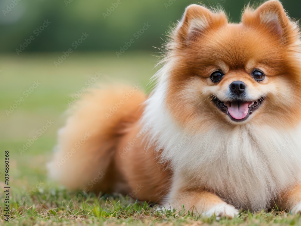 Adorable dog in a summer park, a spitz with shining eyes against the greenery, happy and smiling Adorable dog in a summer park, a spitz with shining eyes against the greenery, happy and smiling