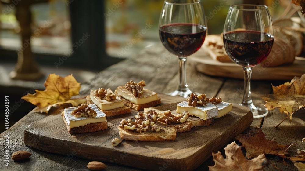Elegant cheese platter with wine and autumn leaves at a rustic table Elegant cheese platter with wine and autumn leaves at a rustic table