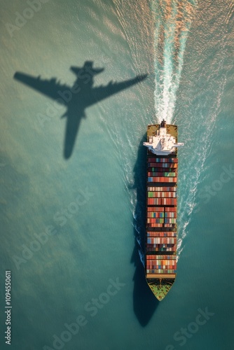 Cargo ship navigating through ocean water while an airplane casts a shadow above
