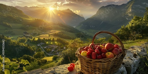 A rustic basket filled with freshly picked apples, cherries, and strawberries, placed on a stone wall as the sun rises over a lush green valley and towering mountain range. 