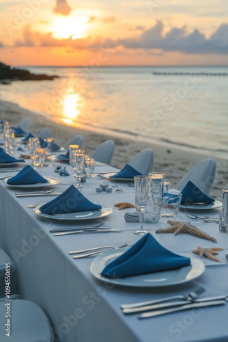 Elegant beachside dinner setup at sunset with decorated tables and coastal sc...