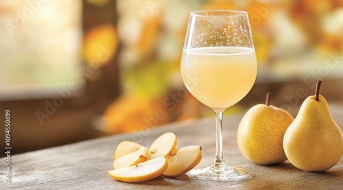 Refreshing pear drink with fresh pears on a table decorated with soft lights