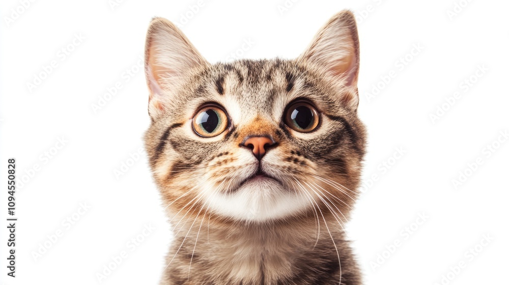 Close-up portrait of a Bengal shorthair cat with large expressive eyes and distinct striped fur, set against a clean white backdrop. Close-up portrait of a Bengal shorthair cat with large expressive eyes and distinct striped fur, set against a clean white backdrop.