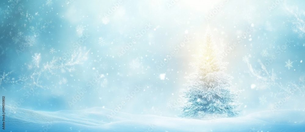The Christmas tree is blurred in a snowy landscape with a snowflake as a symbol of Christmas on an abstract winter background The Christmas tree is blurred in a snowy landscape with a snowflake as a symbol of Christmas on an abstract winter background