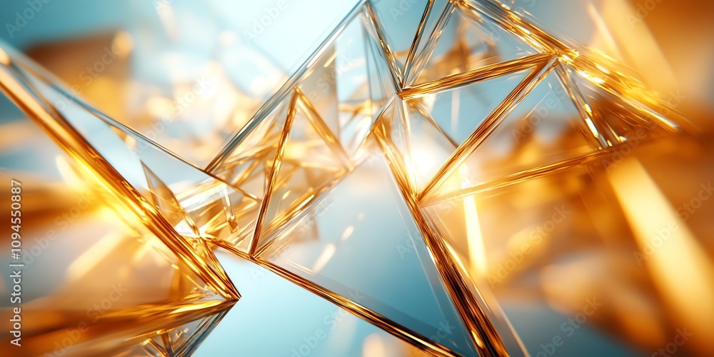 Fototapeta premium Abstract geometric composition with golden and reflective surfaces creating a luminous effect.