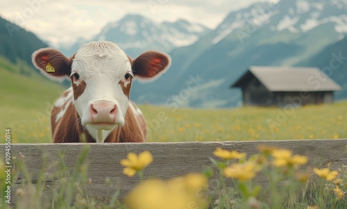 Calf in a Sunny Field Surrounded by Bright Flowers Near a Rustic Barn