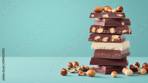 Stacked chocolate bars with nuts arranged on a teal background during a brigh...