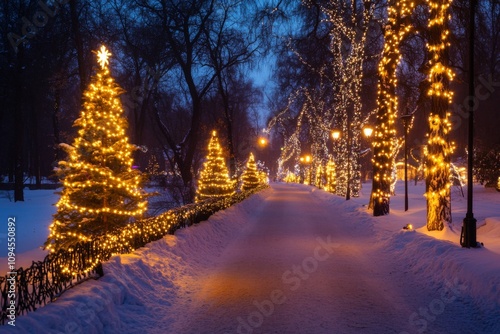 Christmas trees decorated with garland lighting in a winter forest background