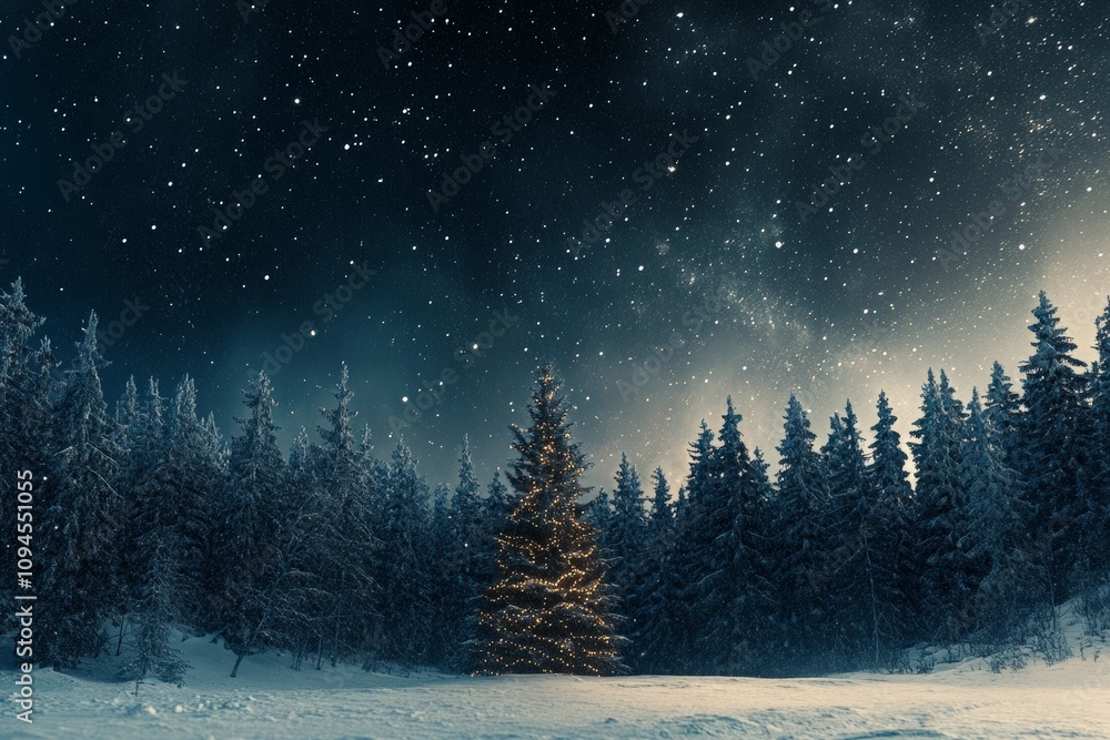 Fototapeta premium Winter and Christmas marketing background with Christmas trees, ornaments, presents, and a snowy atmosphere.