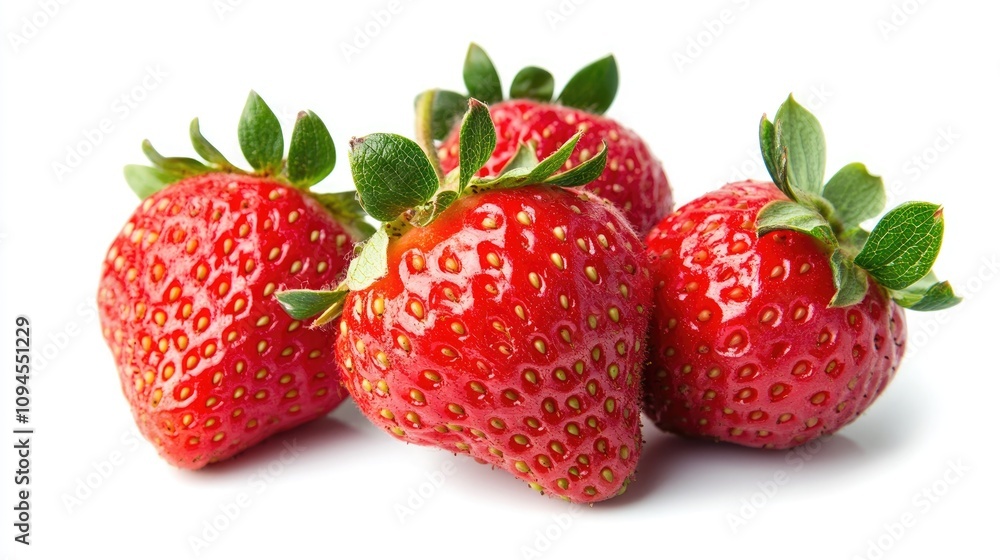 Vibrant red strawberries clustered together, showcasing their gleaming exterior and fresh green leaves against a pure white background. Vibrant red strawberries clustered together, showcasing their gleaming exterior and fresh green leaves against a pure white background.