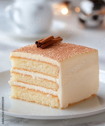 Delicious slice of layered cake topped with cinnamon on a white plate