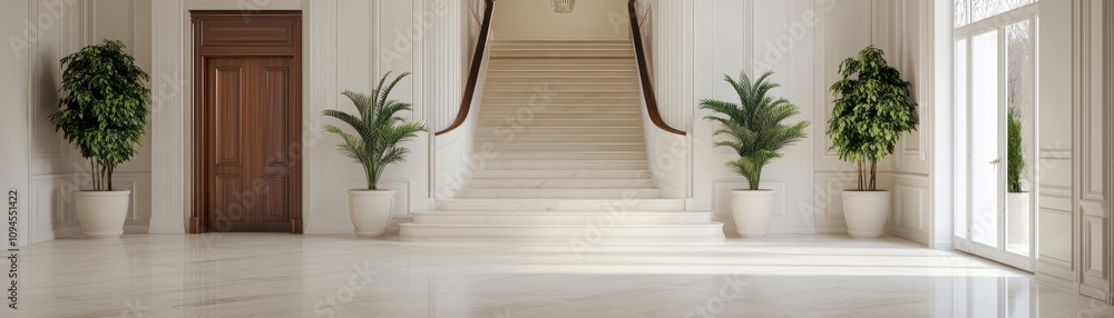 Fototapeta premium A spacious entrance hall featuring elegant marble flooring, a grand staircase, and decorative potted plants beside large windows.