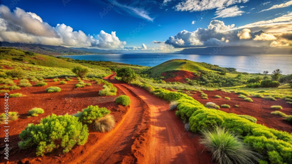 Naklejka premium Scenic Polihua Trail Red Volcanic Dirt Road at Garden of the Gods, Lanai, Hawaii Surrounded by Lush Greenery with Majestic Ocean Views and Clear Blue Skies for Stunning Landscapes