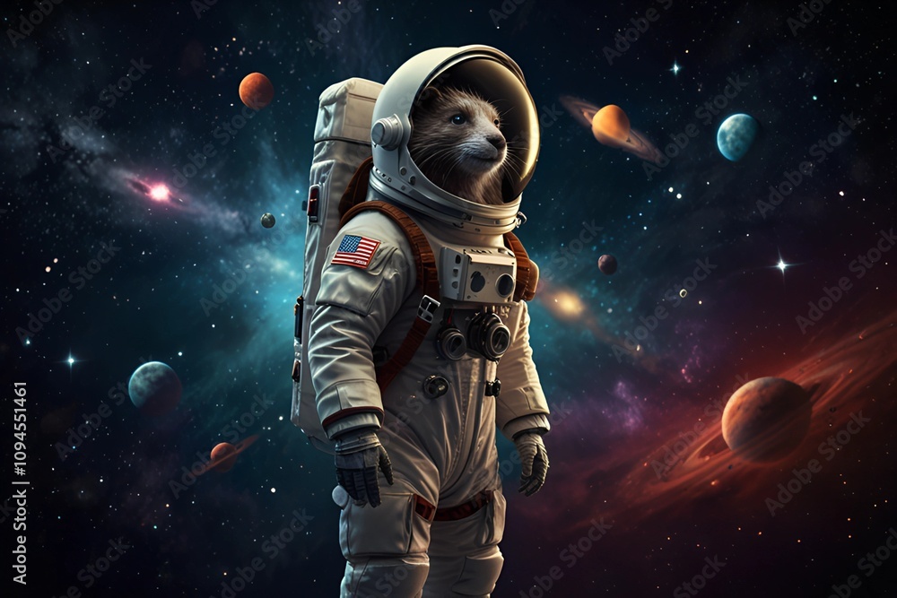 Fototapeta premium fantasy animal chimera in astronaut costume, mecha robot costume in galaxy, AI generated