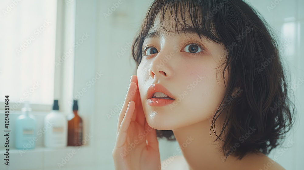 洗顔をする若い女性 洗顔をする若い女性