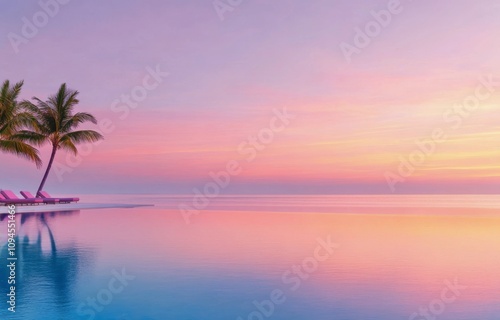 Tranquil sunset over calm ocean with palm trees and infinity pool