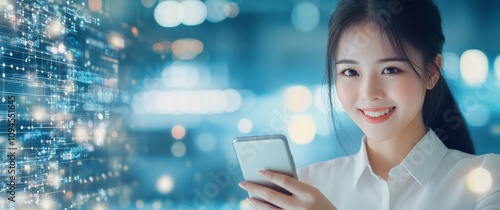 Young woman smiles while using tablet in bright modern setting during daytime...