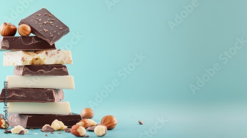 Stacked chocolate bars with nuts arranged on a teal background during a brigh...