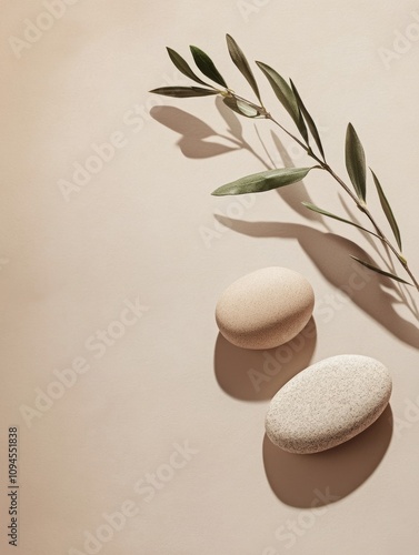 Natural stones and olive branch create an aesthetic minimalist arrangement on...