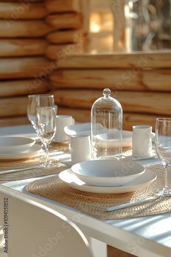 Elegant dining setup in a cozy log cabin during early morning light